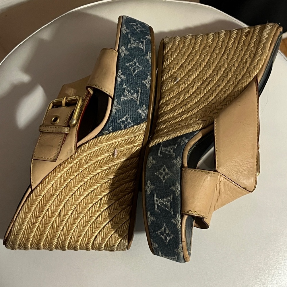 Louis Vuitton- Denim Espadrille Wedge Sandals with Ankle Strap - Picture 4 of 4
